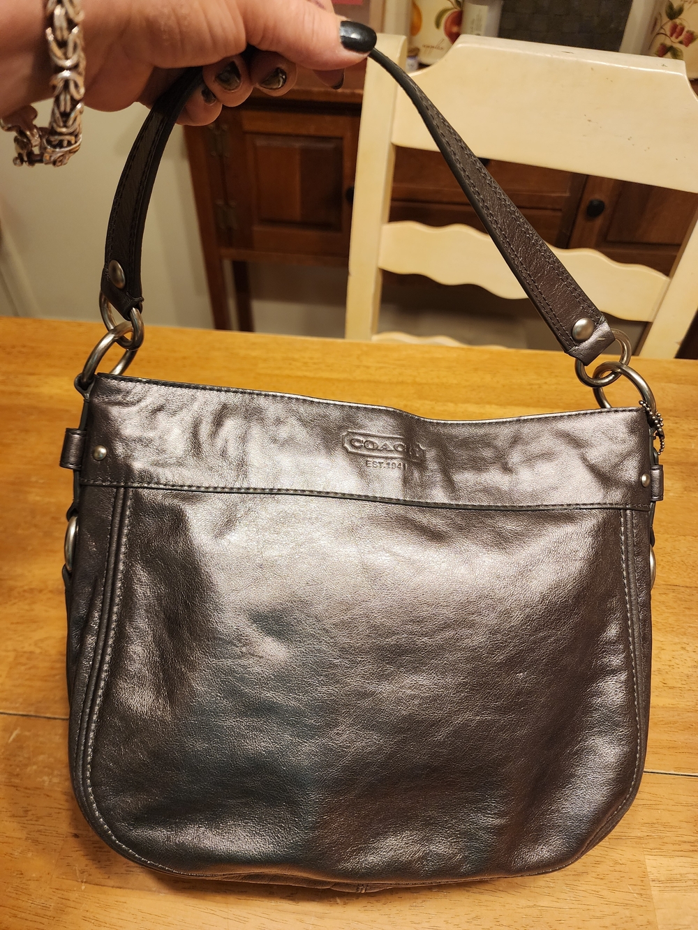 Coach Zoe Hobo Bag in your hand features a striking metallic leather
